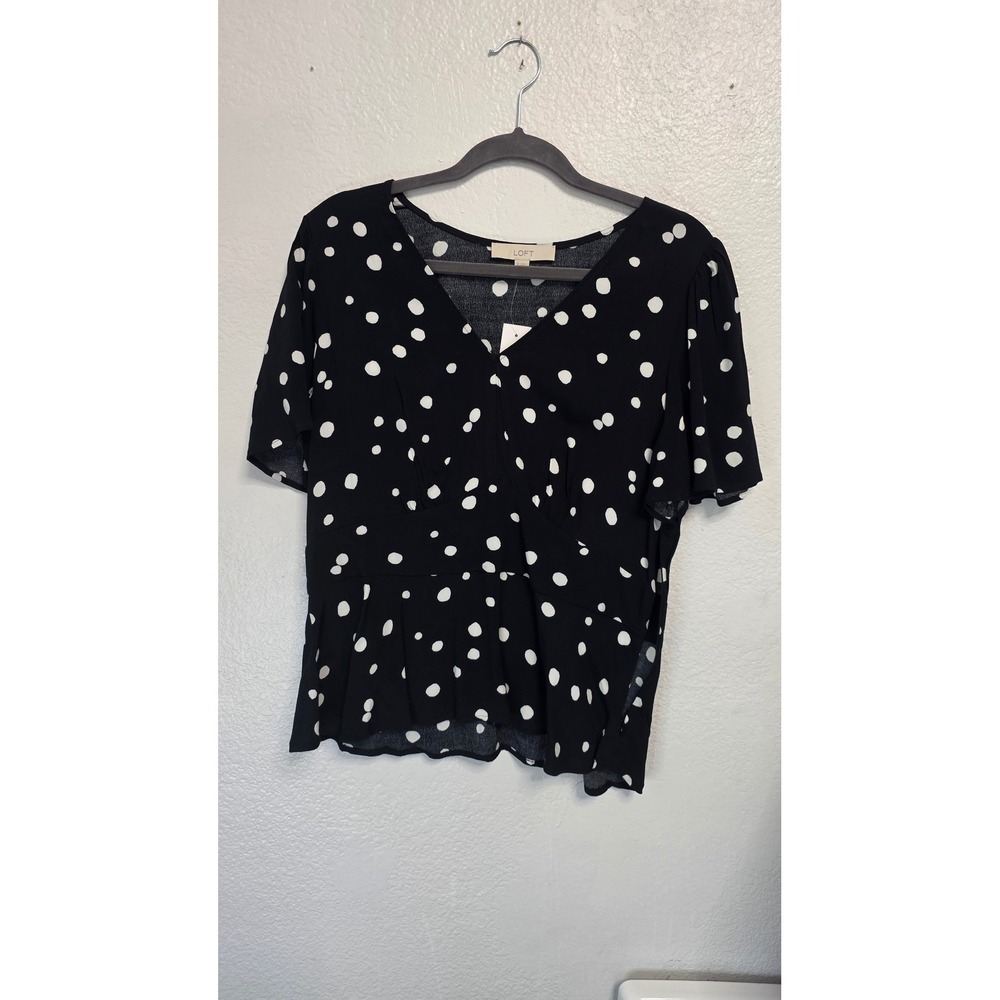 LOFT Polka Dot Peplum Top Womens Size 10 Black NWT